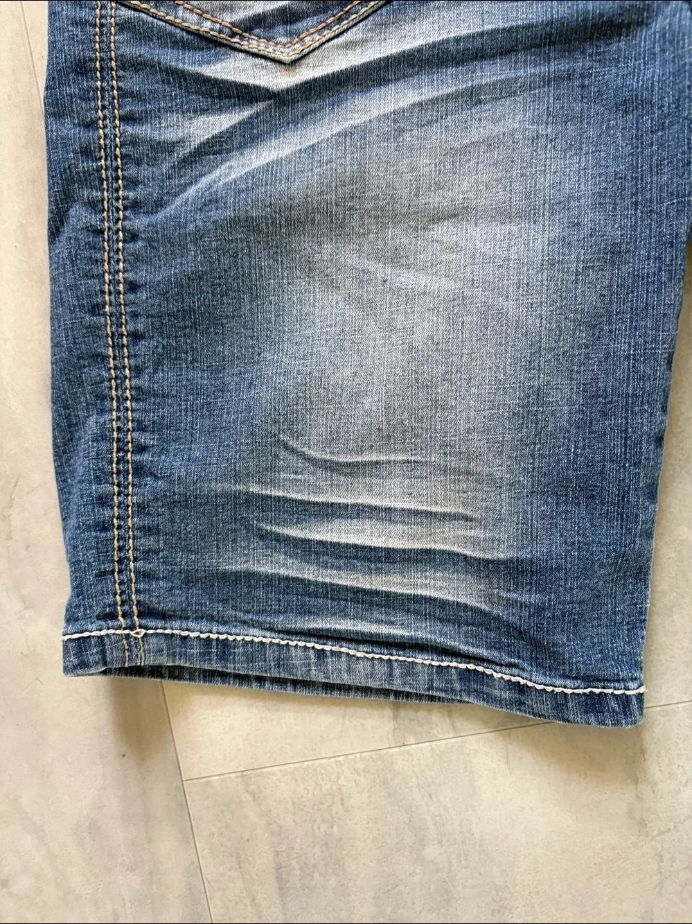 Rewash Blue Faded whiskered stretch Denim Bermuda Shorts/rhinestone studs decor